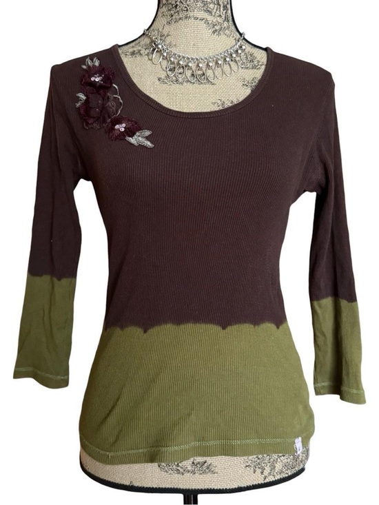 Tops - Y2K Nevada Brown & Olive Floral Appliqué Long Sleeve Top Size M